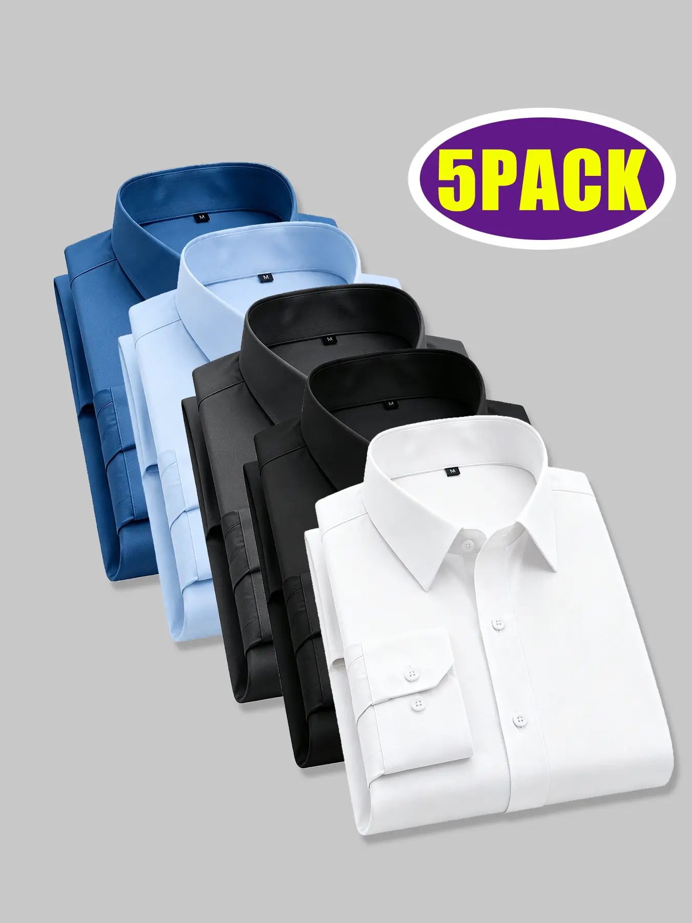 Menswear 5-Pack Classic Fit Longsleeves Plain Stylish Men's Dress Shirts, Top for Daily Office Business Casual Wardrobe Set, Polyester Blend, Classic Preppy, Collared Neck, Dress Shirt, Office Wear, All Seasons, Expandable, Snug Fit