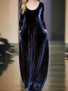 Autumn Winter Velvet Long Dress, Round Neck Long Sleeve A-Line Elegant Silk Velvet Formal Wear Party Gown, Women's Fashion Clothing