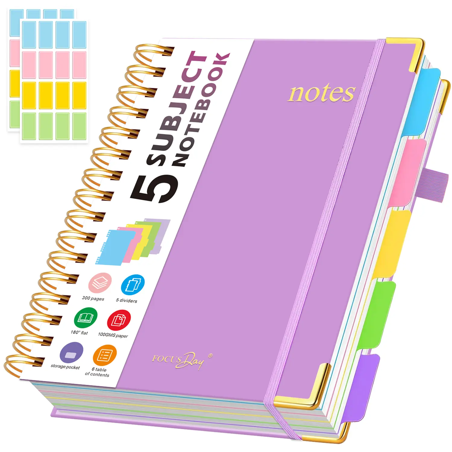 A5 Spiral Notebook Journal, 5 Subject Notebook College Ruled, with Removable Dividers Tabs, 300 Pages 100GSM Thick Paper, Inner Pocket, Hardcover Lined Notebook for School Office Home, 6.1" x 8.4"