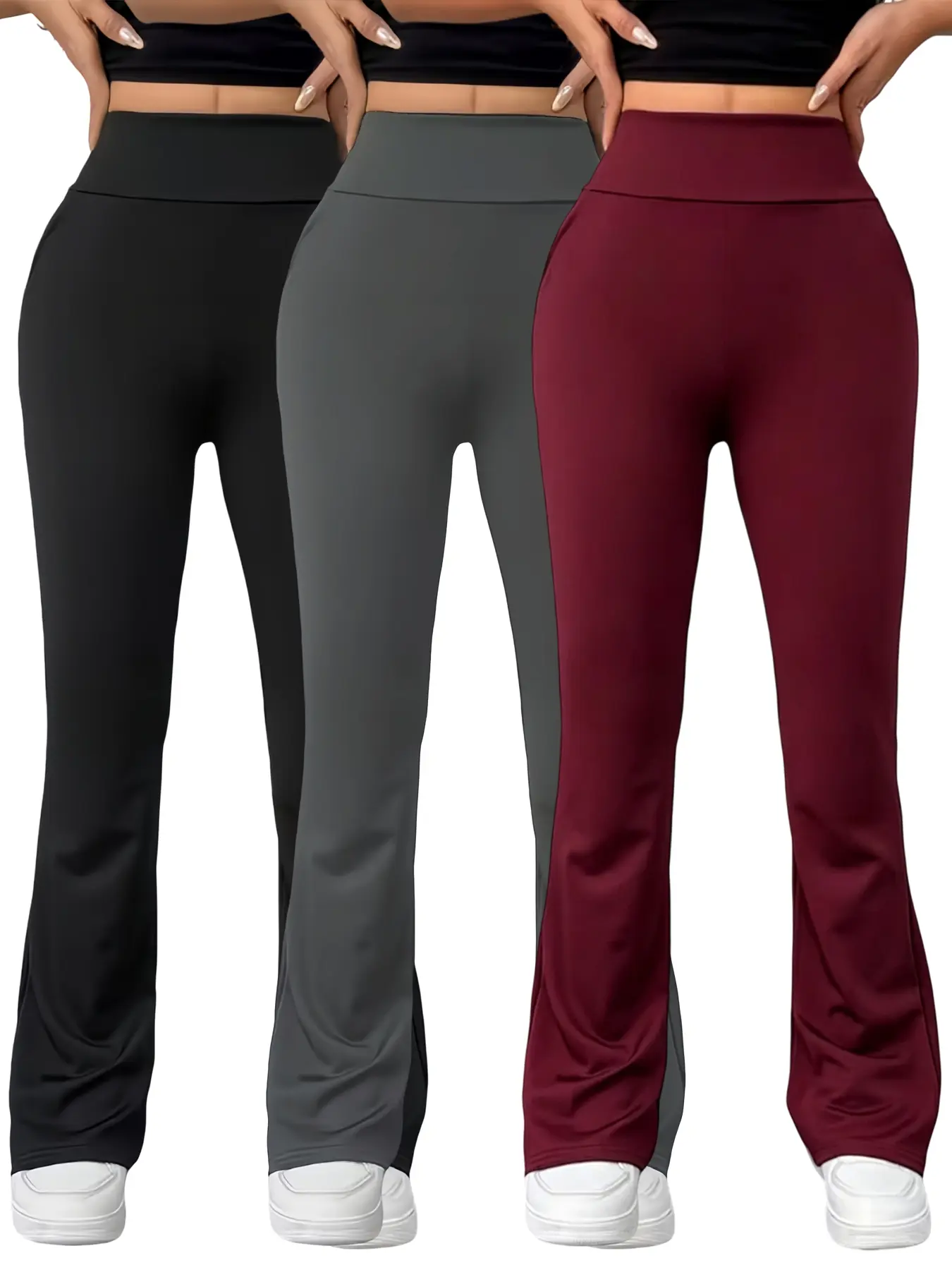 Women's High Waist Tummy Control Flare Yoga Pants Black Grey Red, Breathable Quick Dry Slimming Stretch Wide Leg Sweatpants for Fitness Lounge