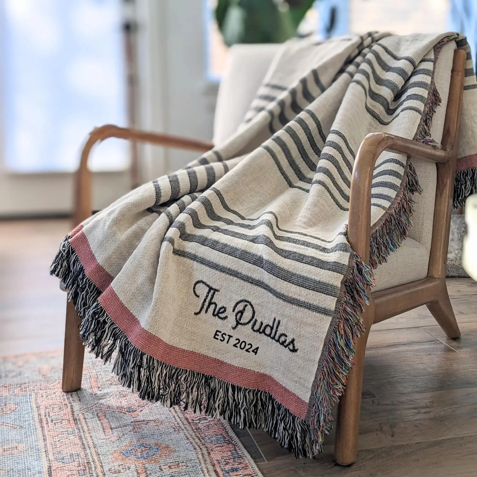 Personalized Woven Throw Blanket | Modern Boho Stripes, Unique Gift for Wedding Engagement Anniversary Keepsake, Family or Couple Last Name