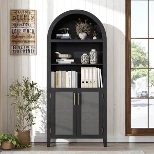 63" Arched Bookcase with Doors & Rattan Decor, 5-Tier Open Shelf Storage Cabinet for Home Office