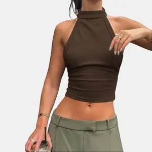 Women's Sleek Ribbed Halter Turtleneck Sleeveless Crop Top 2026 Spring Summer New Open Back Brunch Outings Street Style Looks Casual Daily Wear Chic Slim Fit Top for Modern Minimalist