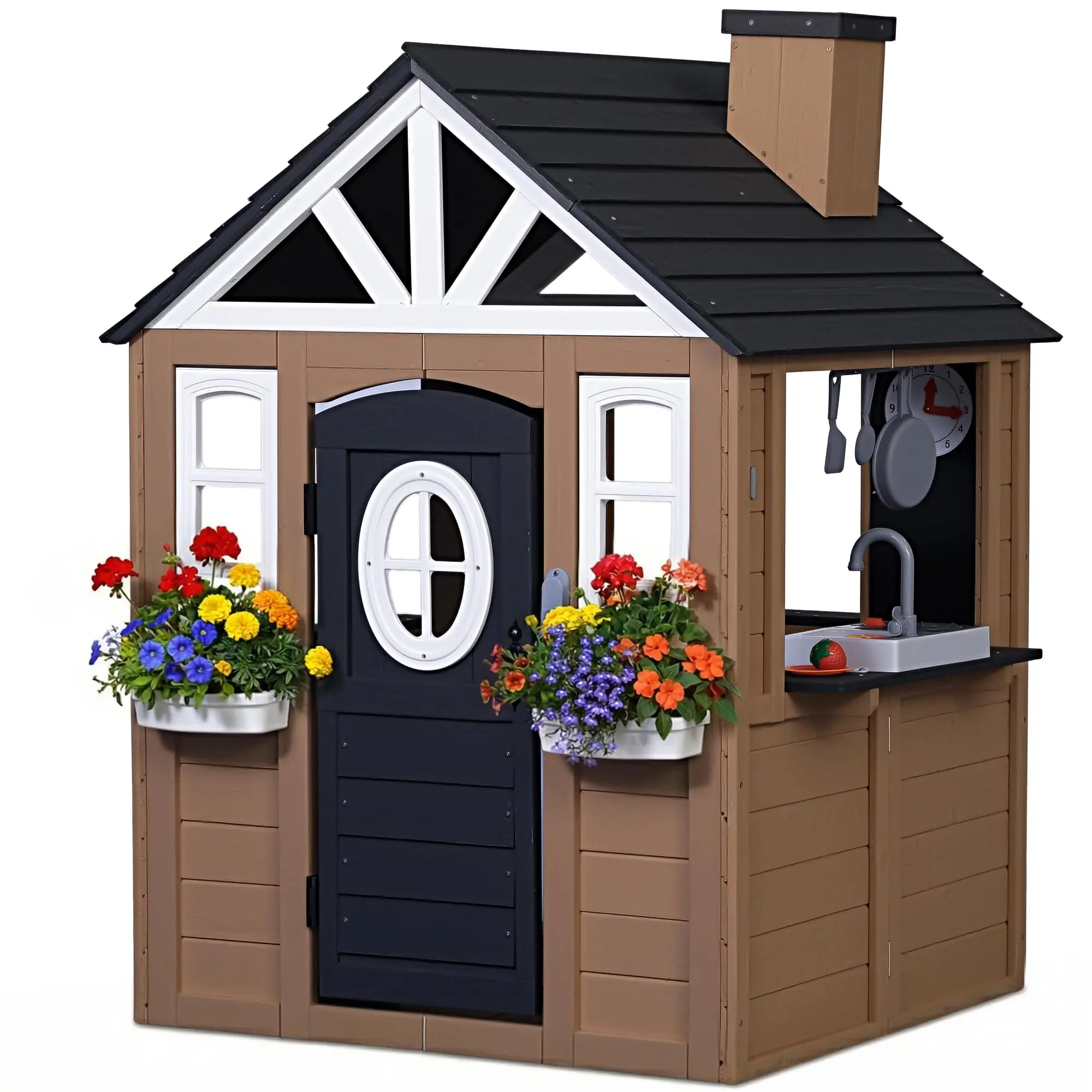Sunnyfree 9-in-1 Outdoor Playhouse for Kids 3-8,  Interactive Kitchen Wooden PlayHouse with Play Kitchen, Snack Bar, Working Doorbell, Toy Phone, Dog Door, Blakboard and Markers & Flower Holders, Gift for Boys and Girls