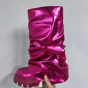 Hot Pink Metallic Slouch Platform Boots