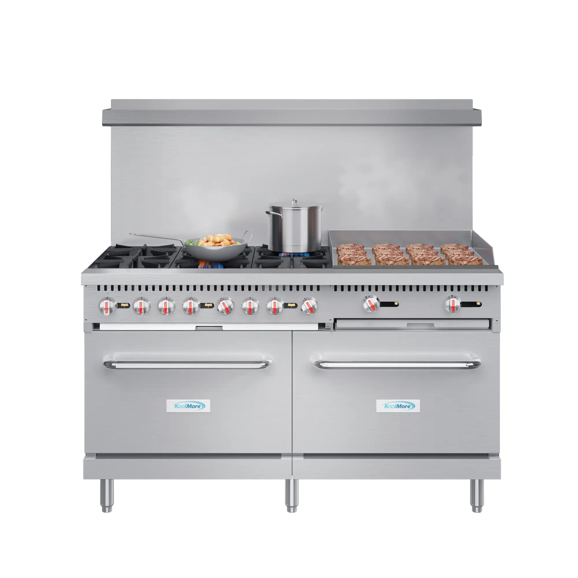 60" Stainless Steel Commercial LP Gas Range - 6 High-Performance Open-Top Burners, 24" Griddle, Dual Ovens, Easy-to-Clean, Optional Caster Wheels (KM-CRG60-LP)