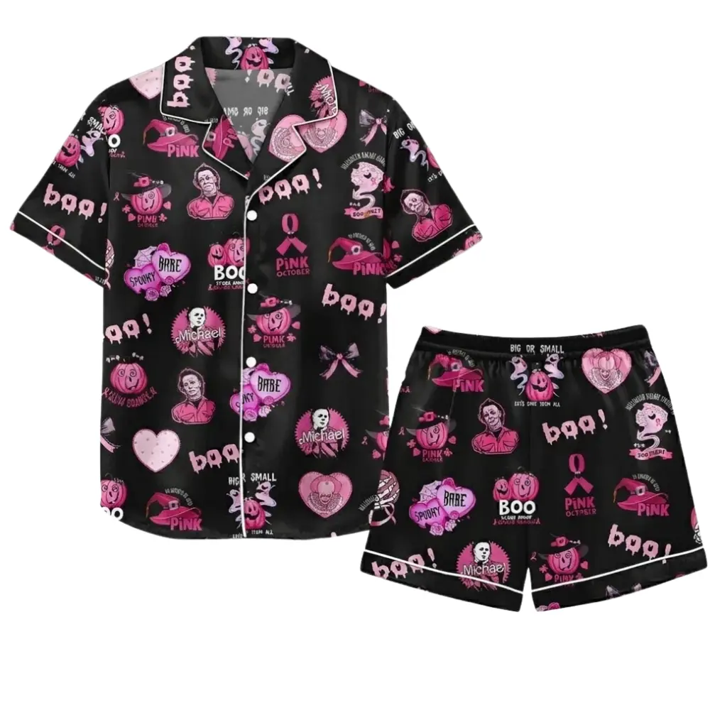 Michael Myers Pennywise Satin Pajama Set, Spooky Halloween Horror Character Sleepwear, Halloween Gift for Her