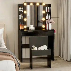 [Bellemave]Makeup Vanity Desk with 10 Hollywood Bulbs, Fluted Dressing Table with Charging Station, 2 Drawers and 4 Open Shelves, Hairdryer Holder, Padded Stool with Storage , Black
