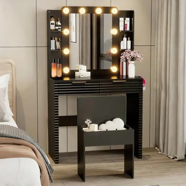 [Bellemave]Makeup Vanity Desk with 10 Hollywood Bulbs, Fluted Dressing Table with Charging Station, 2 Drawers and 4 Open Shelves, Hairdryer Holder, Padded Stool with Storage , Black