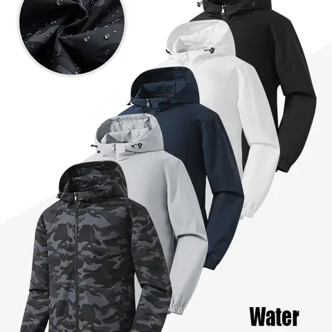 Men's Loose-Fit Long-Sleeve Hooded Jacket—Windproof and waterproof polyester casual jacket featuring a drawstring hem and zip closure; suitable for everyday wear and outdoor activities.