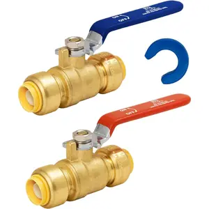 Shut Off Ball Valve 1/2 Inch,  1/2 Inch Ball Valve, Push-to-Connect Water Shutoff, Easily Match to Pipe using Red and Blue Handle, No Lead Brass Fittings for PEX Pipe, Copper, CPVC, Pack of 2