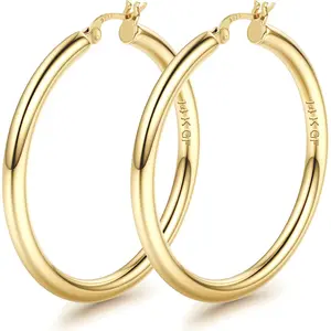 FIASASO 14K Plated Gold Chunky Hoop Earrings for Women With 925 Sterling Silver Post Hollow Tube Hoops Earrings 4mm Thick Hoop Earrings Hypoallergenic Lightweight Large Hoop Earrings 25/30/40/50/60/70MM