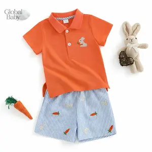 Global Baby Boys 2pcs Easter Outfits Short Sleeve Turn Down Collar Carrot Embroidery Plaid Tops and Shorts Easter Outfits Bunny Embroidery Short Sleeves T-Shirt and Elastic Carrot Stripe