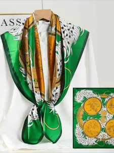 100% Mulberry Silk 34.64" Square Scarf Shawl, Green Vintage Pattern, Luxurious & Elegant, All-Season Versatile, Gift-Wrapped, Perfect Gift for Valentine’s Day, Christmas & Mother’s Day