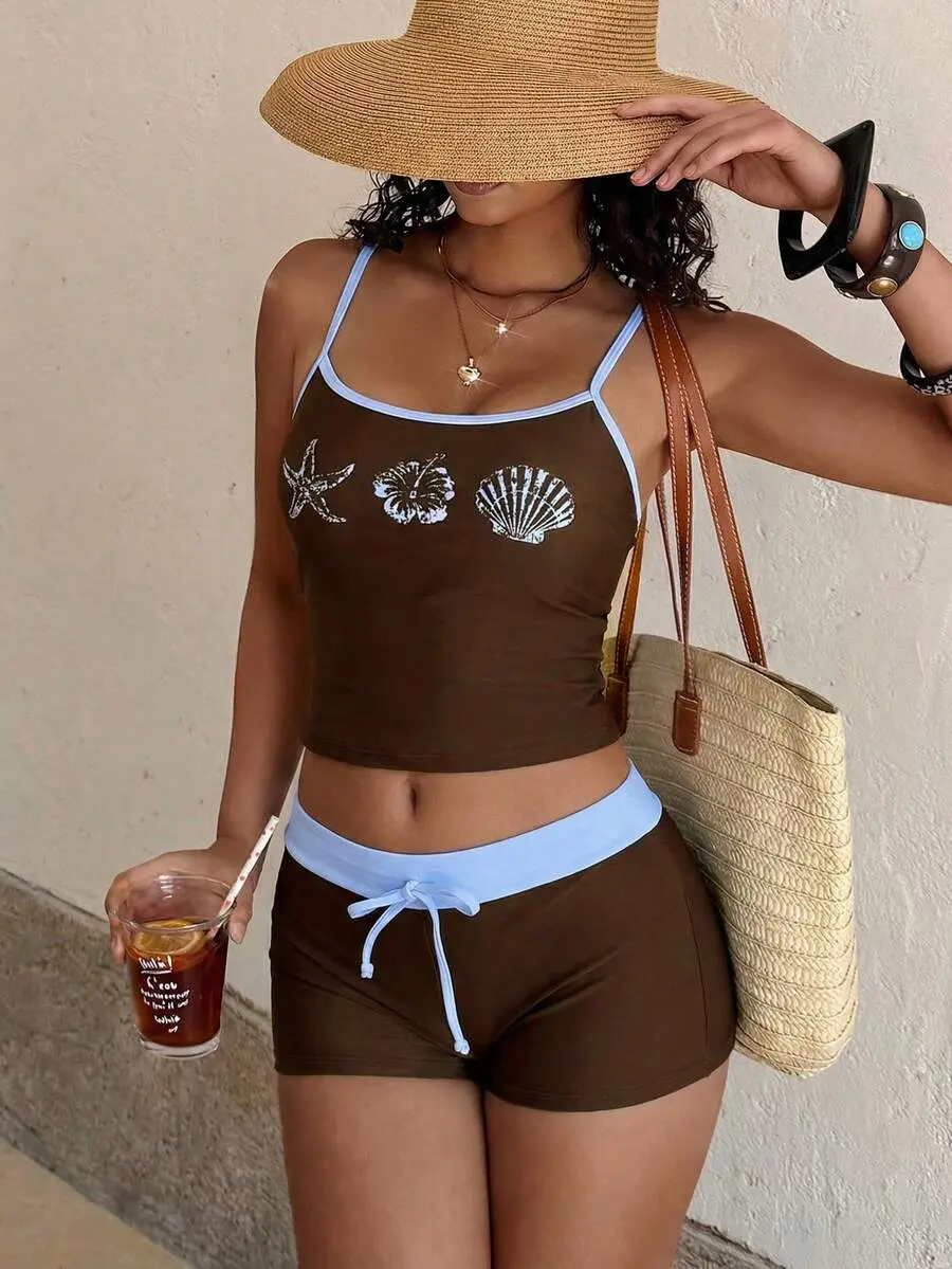 [Powered by Peace] Women's Swimwear Tankini, Tropical Print Vest Bra Built-In T-Shirt Set For Vacation Back To School Tank Tops Vacation Beachwear Summer Brown