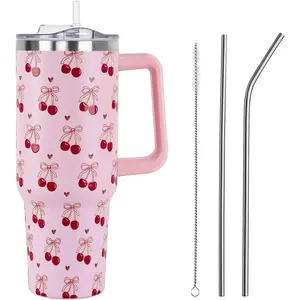 Floral Gnomes and Bees Tumbler with Handle and Straw Lid 40 oz,Cute Spring Summer Gift for Women Men Yellow Flowers Vacuum Insulated Leak Proof Stainless Steel Coffee Cup Mug