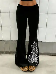 Viral TikTok Y2K Floral Print Flare Pants | High-Waisted Stretchy Bell Bottoms | Trendy Retro Vintage Aesthetic Streetwear for Clubbing, Date Nights & Daily Casual Outfits | Soft Comfy Slim-Fit Trousers for Women’s Y2K Revival Fashion Look✨ Womenswear