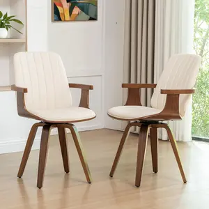 Swivel Dining Chairs Set of 2, Mid Century Modern Dining Chairs with Walnut Craftsmanship, Upholstered Faux Leather , Wooden Arms and Legs, Kitchen Chairs with Arms for Kitchen/Living Room - Beige