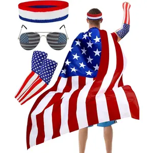 NEW  250 Year American Flag Costume Cape, Retro 80's USA Patriotic Flag Cloak Set for Adult 4th of July Independence Day Celebration Halloween Party Accessories