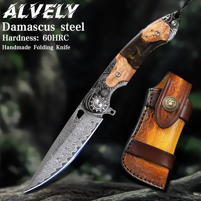 ALVELY Handmade Damascus Steel Folding Pocket Knife - 3.5" Blade, Resin & Maple Handle, Leather Sheath, EDC Gear Multi Tool for Men Outdoor Camping Hunting, Folding Pocket Knives