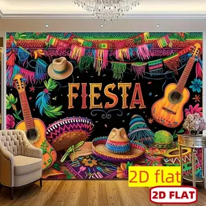 1pc 2D Flat Mexican Party Decorations Banner, Vibrant Mexican Carnival Photography Backdrop - Polyester Party with Cactus, Guitar & Colorful Stripes - Birthdays, Cinco De Mayo Celebrations & Memo