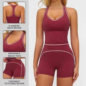 Women Solid Color Summer Sports Set High Waist Tank Top And Shorts Yoga Suit High Elastic Breathable Quick Dry H Back Design Comfort Casual Outfit For Gym Workout Running Cycling Various Ball Sports