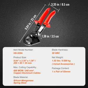 VEVOR Ratcheting Cable Cutter, 10 Wire Cutter Heavy Duty with Gloves, Strong Silicon-Manganese Spring Steel Blade-for Cutting Up to 240 mm/473 MCM Electrical Wire
