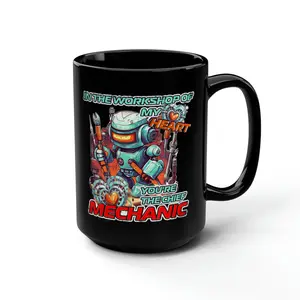 Robo Mechanic Heart Black Mug, 15oz Ceramic Drinkware Coffee Reusable Cup Glossy Printed