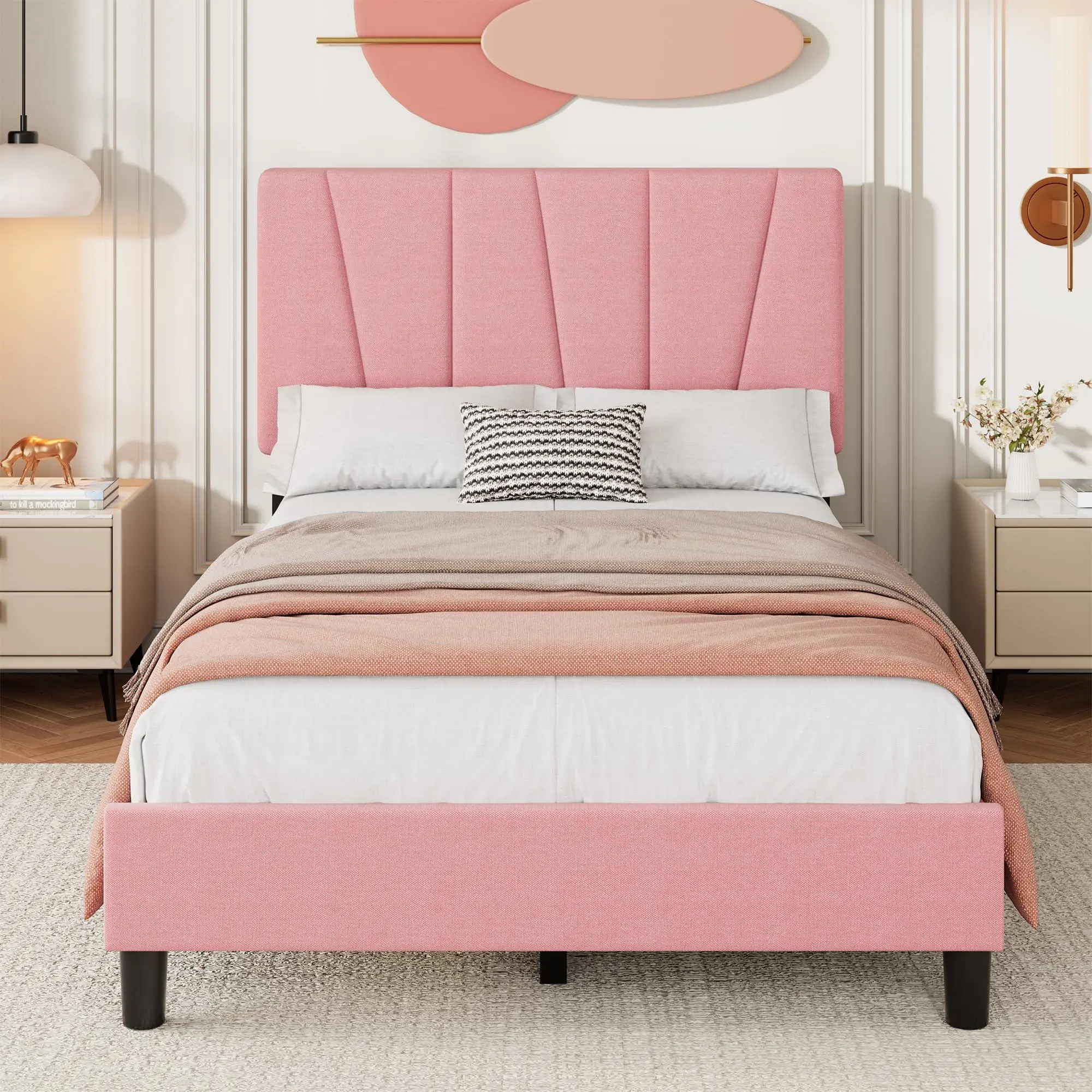 Twin Size Bed Frame for Kids’ Bedroom with Upholstered Headboard, Modern Fabric Platform Bed Frame with Wooden Slat Support, Adjustable Headboard, No Box Spring Needed, Noise-Free