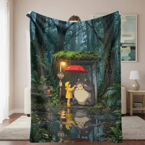 Cozy Forest Rain Flannel Blanket， Cartoon Creature and Girl Under Umbrella Art Print， Soft Warm Lightweight Throw for Bedroom Sofa Living Room Travel Gift Decor
