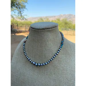 Navajo Turquoise & Spiny Spice Sterling Silver Beaded Necklace 14 inch