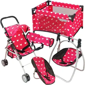 Baby Doll Stroller with Crib Furniture Playset, Multi Baby Doll Accessories Set for 18" Dolls, Includes Doll Stroller Swing and Doll Bed Pretend Play for All Dolls - Pink