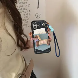 Embroidered 3D Puppy Phone Case With Card Slot for iPhone 17 Pro 13 14 15 Pro Max 16 Fashion Denim Shockproof Fundas