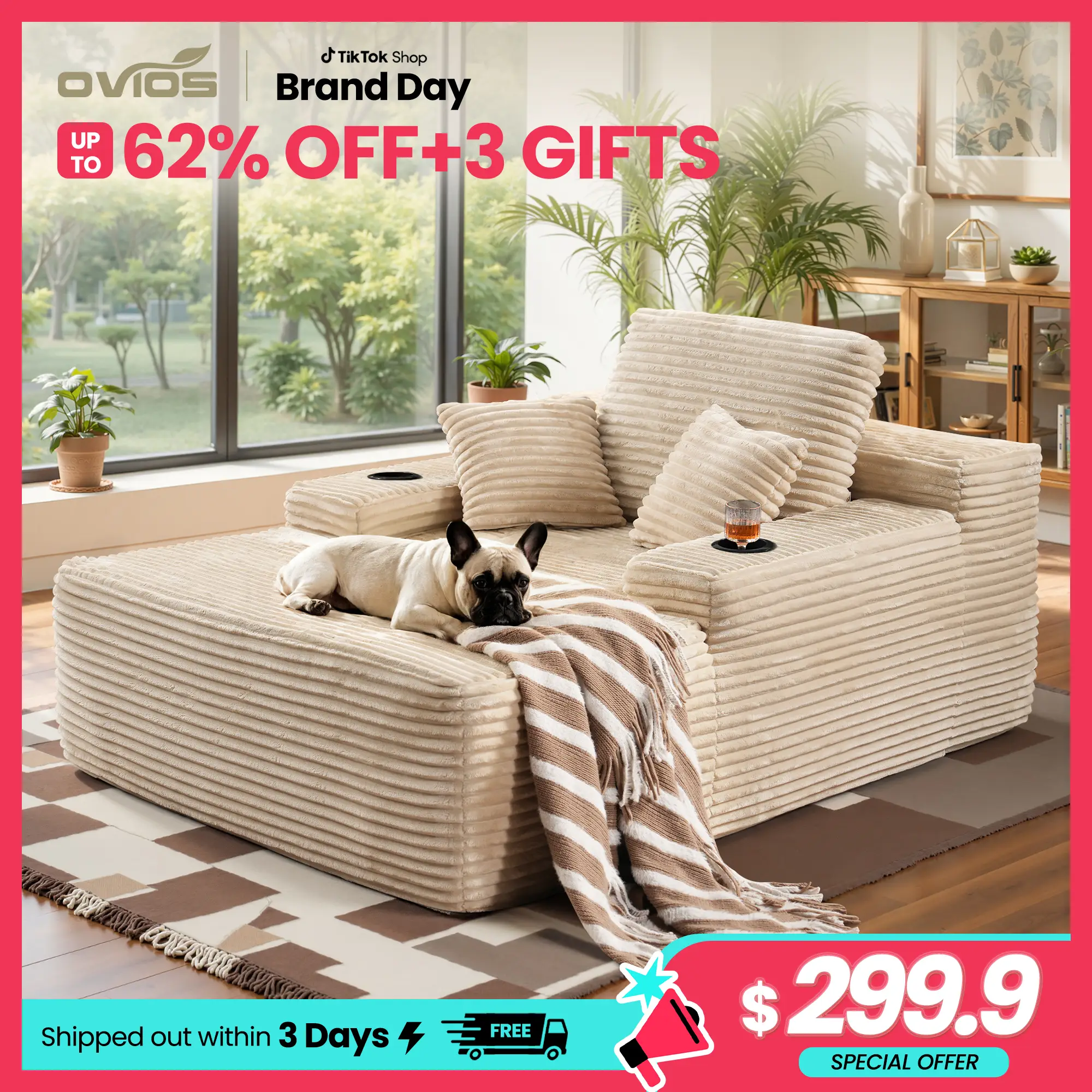 【Fall Deals For You】Ovios 49'' Boneless Chaise Lounge with Cup Holders, Upholstered Sofa Bed with Throw Pillows and Armrests, Indoor Sleeper Chair- Lu