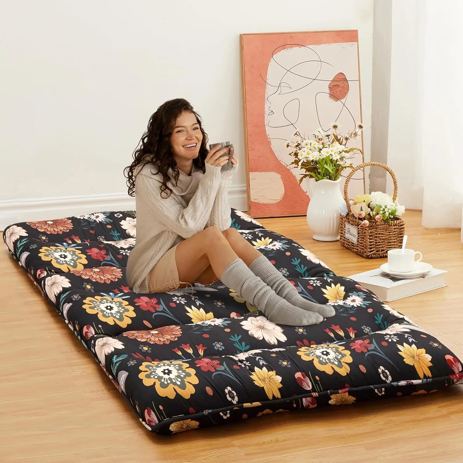 Twin/Full Size Japanese Futon Floor Mattress, 3 Inch Thick Floral Tatami Mat, Foldable Portable Sleeping Mattress, Modern Floor Bed for Living Room, Guest Room, Camping