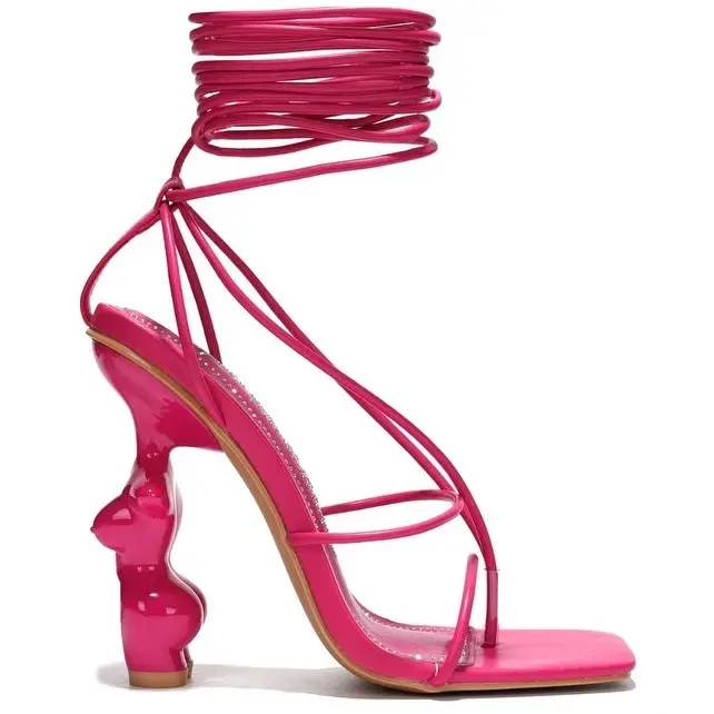 Pink Lace up Open Square Toe Women's Sandals - Fashion Footwear High Heel High Heels Walking Shoes Elegant Classy Stylish Comfort Girl Formal Decor Nail