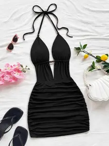 Summer Women's Fashion Simple Solid Color Sexy Halter Neck Knot Dress, Decorated with Patterned Wooden Beads, Casual Beach Holiday Party Wear