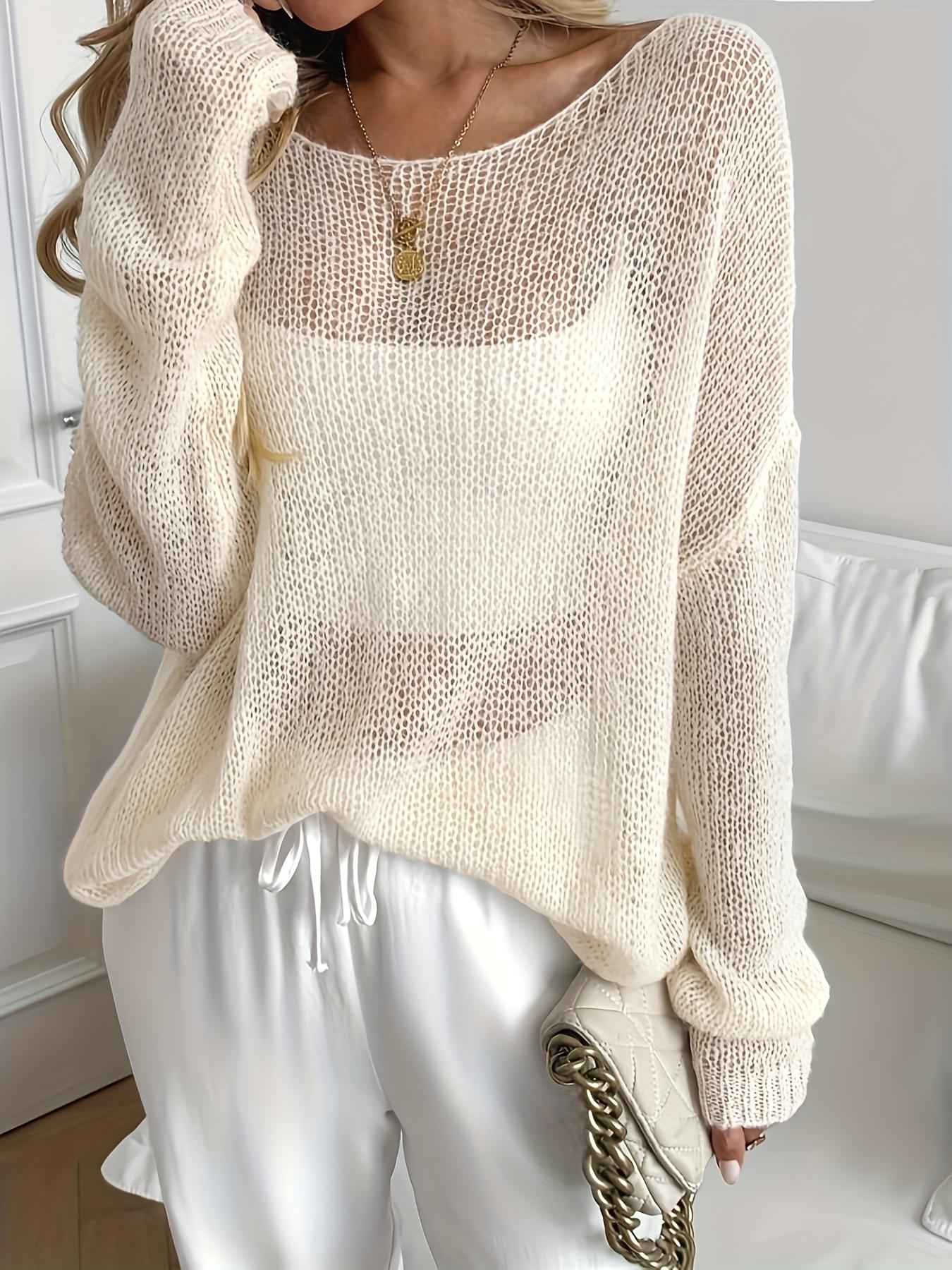 [Breathable Mesh Pullover] Women's Off-Shoulder Sweater - Breathable Mesh Panels & Relaxed Fit Long Sleeve Pullover for Spring/Summer, Elegant Semi-Sheer Loose Top with Medium Stretch, Chic Casual Wear, Seasonal Wardrobe, Stretchy Fabric, Summer Wardrobe