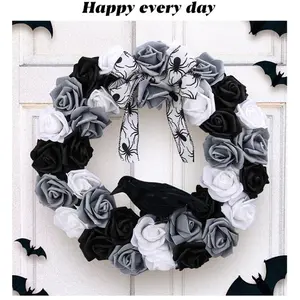 Black and white rose crow wreath ghost party horror decoration simulation vines props halloween door hanging