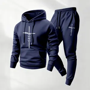 Men's Jesus Printed Hoodie and Drawstring Sweatpants Set, Menswear, Casual Athletic Long Sleeve Hooded Jacket & Trousers for Fall & Winter, Men's Clothing for Daily Wear, Sportswear Indoor Outdoor, Tracksuit, Athleisure Summer Clothes