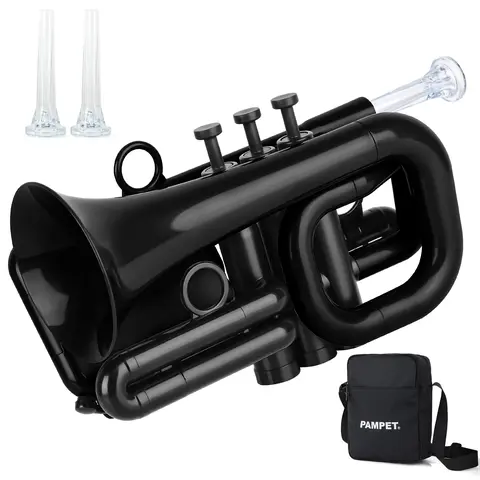 PAMPET Bb-Key ABS Portable Pocket Trumpet for Beginners, Unisex Brass Wind Instrument with Adjustable Tuning Slides, Metal Mouthpiece, ABS Water Keys with Silicon Seals, Slide Tuning Rings, Ergonomic Design, 96mm Bell-Mouth, Carry Bag, Music Practice Use