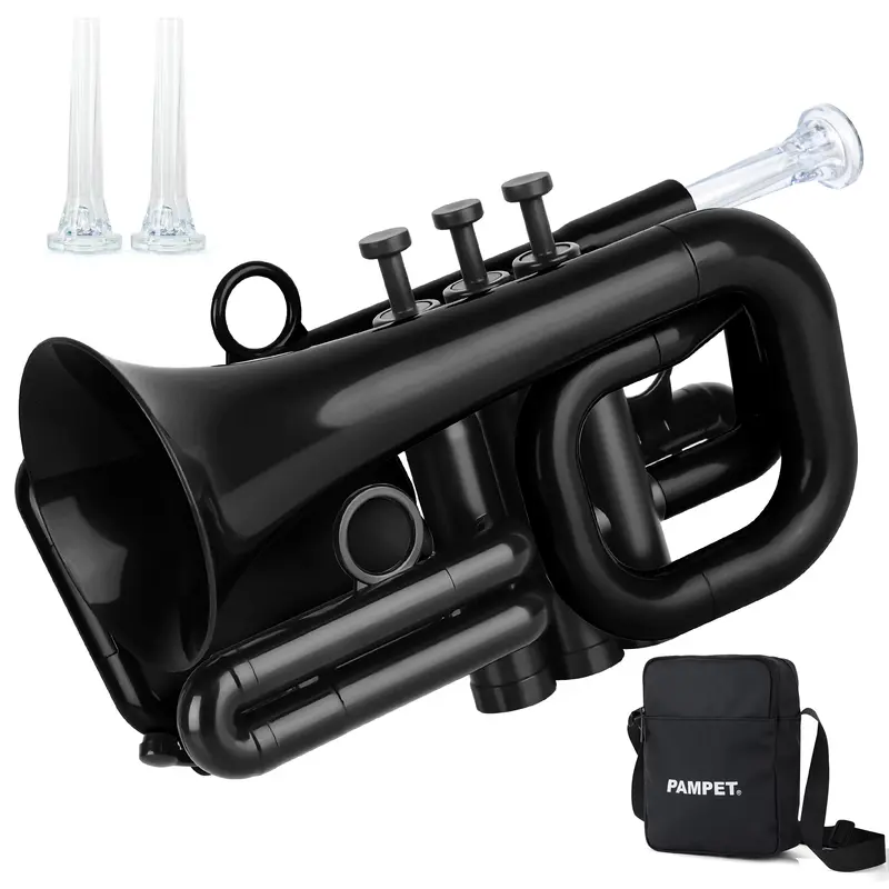 PAMPET Bb-Key ABS Portable Pocket Trumpet for Beginners, Unisex Brass Wind Instrument with Adjustable Tuning Slides, Metal Mouthpiece, ABS Water Keys with Silicon Seals, Slide Tuning Rings, Ergonomic Design, 96mm Bell-Mouth, Carry Bag, Music Practice Use