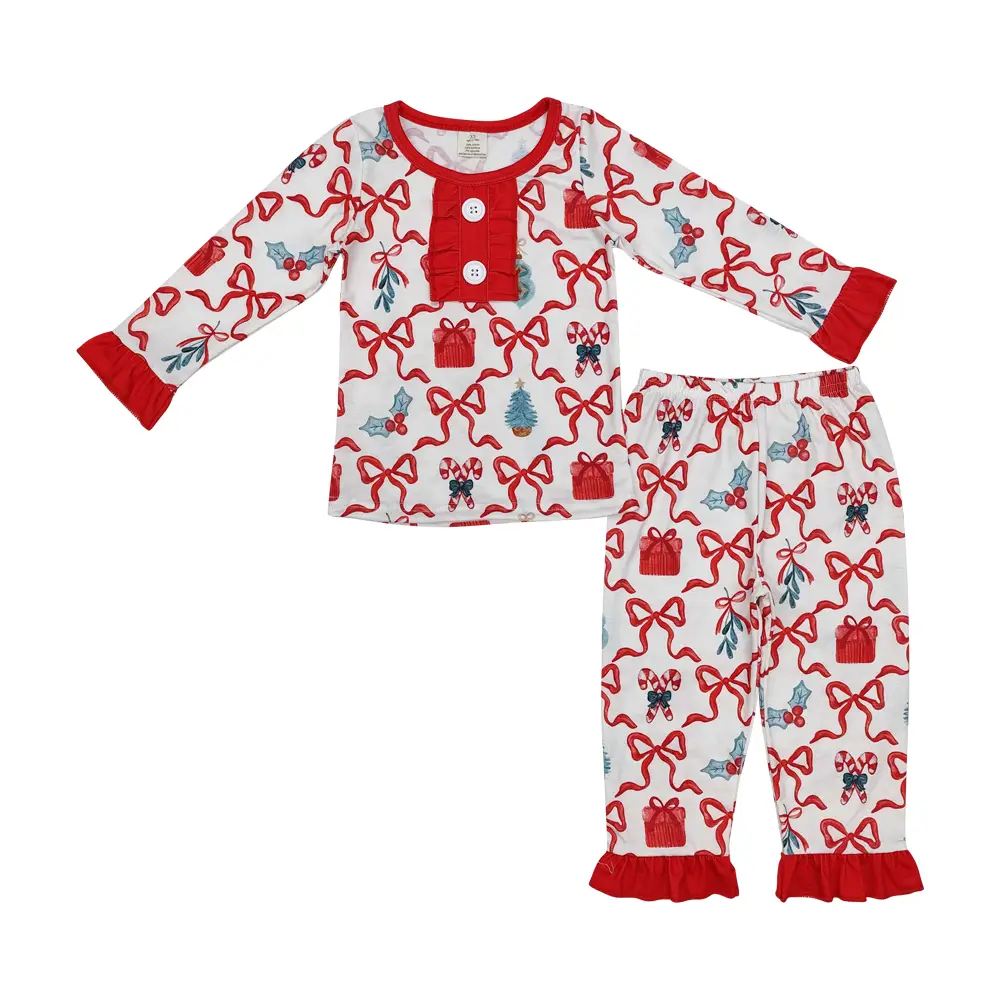 GLP1201- Christmas gift bow Red lace long sleeve trousers pajama set Loungewear Nightwear