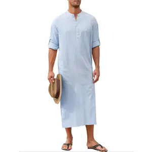 Men's Long Sleeve Kaftan Robe - Navy Blue Button- Henley Shirt with Side Slit and Pockets, Casual Rayon Blend Gown for All Seasons