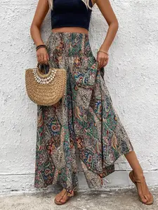 Plus Size Women's All Over Print Wide Leg Pants, Aesthetic Boho Style Ethnic Pattern, Fitted High Waist Straight Leg, Shirred Design, Bohemian