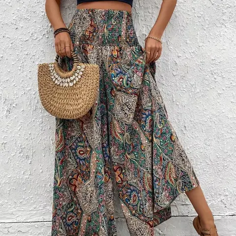 Plus Size Women's All Over Print Wide Leg Pants, Boho Casual Trousers, Aesthetic Boho Style Ethnic Pattern, Fitted High Waist Straight Leg, Shirred Design, Bohemian Bottom, Casual Fashion Bottoms, Everyday Womenswear