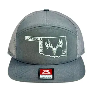 Oklahoma Hunter Richardson Seven Panel Snapback Model 168 Mesh Grey Hat with Flat Bill and Deer State Logo in White Stitch.