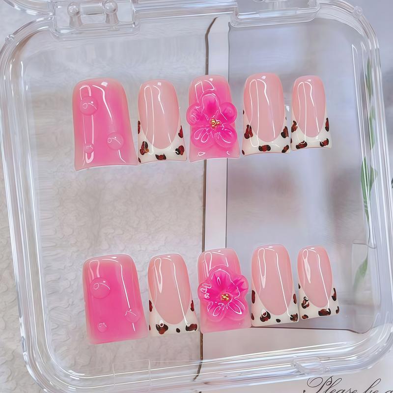 3D Floral Nails & Bling Fake Nails, Cow Pattern French Tip & Pink Bow And Pink Little Flower Accents, 10pcs/Set Fashion Handmade Press on Nails, For Women Girls Nail Art, Effortless Press on Nails / Anicure Setf. Duck Nails, Short Nails. Nail Supple