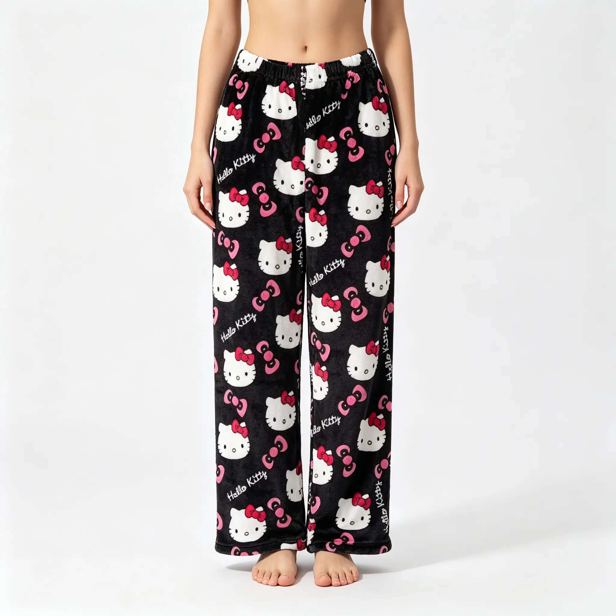Sanrio Hello Kitty Black Flannel Sleep Pajama Pants Soft Kawaii Casual Loungewear for Girls & Women