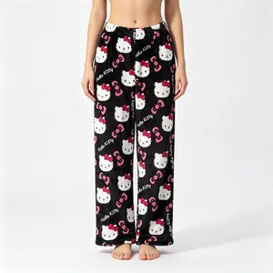 Sanrio Hello Kitty Black Flannel Sleep Pajama Pants Soft Kawaii Casual Loungewear for Girls & Women